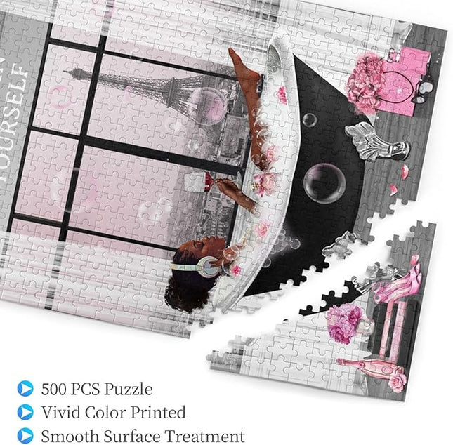 African American Jigsaw Puzzles 500 Pieces for Adults, Bath Time Drinking Scene, Black Woman Wooden Puzzle for Stress Relief, Challenging Brain Teaser & Home Decor