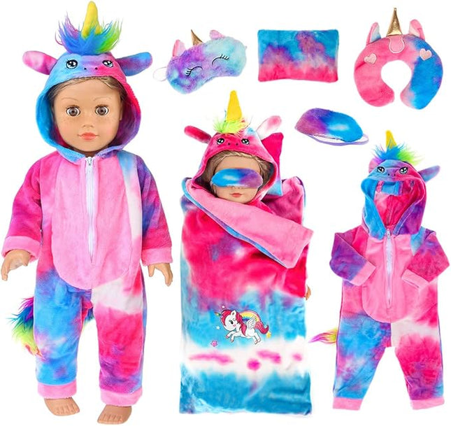 ebuddy 18 inch Doll Clothes - Unicorn Costume Colorful Tie-Dyed Pajamas Sleeping Bag Set for 18 inch Girl Doll (Clothes Only)