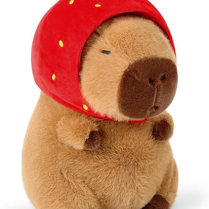 Ditucu Cute Capybara Plush Wear Strawberry Hat Soft Capibara Stuffed Animal Plushies Toys Hugging Gifts for Kids Brown 13 inch