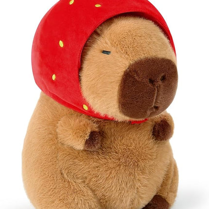 Ditucu Cute Capybara Plush Wear Strawberry Hat Soft Capibara Stuffed Animal Plushies Toys Hugging Gifts for Kids Brown 9 inch