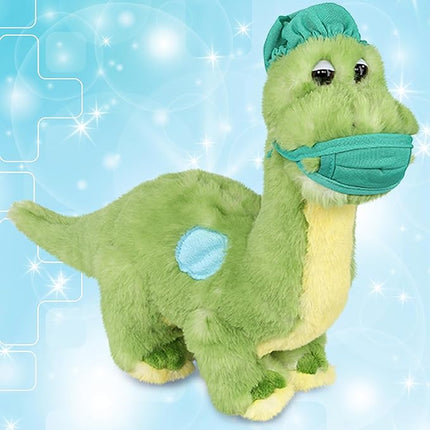 DolliBu Green Dinosaur Doctor Plush Toy - Super Soft Dinosaur Doctor Stuffed Animal Dress Up with Cute Face Mask and Cap Outfit - Gift for Doctor, Nurse, Surgeon - 10 Inch