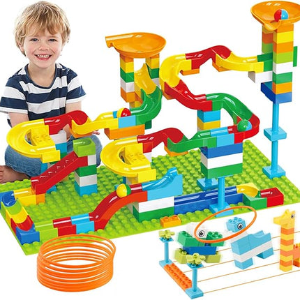 Marble Run Building Blocks for Kids Age 3-8, 128 Pcs STEM Building Bricks Set with Toss Ring Game, Educational Learning Toys for Toddlers Boys Girls Gifts- Compatible with All Major Brands