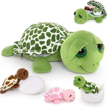 MorisMos Sea Turtle Stuffed Animal with Babies, 14'' Mommy Stuffed Turtle with 3 Babies & 2 Plush Eggs in Tummy, Big-Eyed Sea Tortoise Toys for Kids Toddlers,Sea Stuffed Animals,Tortoise Plush Pillow