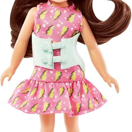 Barbie Chelsea Doll, Small Doll with Brace for Scoliosis Spine Curvature, Brunette Wearing Pink Lightning Bolt Dress