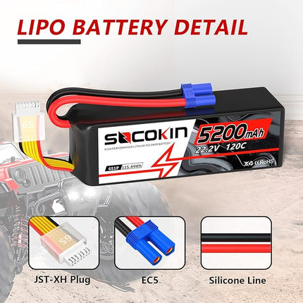 6S 5200mAh Lipo Battery 22.2V Lipo RC Battery with EC5 Connector Plug Soft Case for RC Car Airplane Quadcopter Helicopter Truck Boat Hobby (2 Packs)