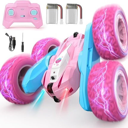 Remote Control Car, Pink RC Cars for Girls, Rechargeable RC Truck, 2.4Ghz Double Sided 360° Rotating Stunt Car Toy with Headlights, Birthday Gift for Kids Age 3+
