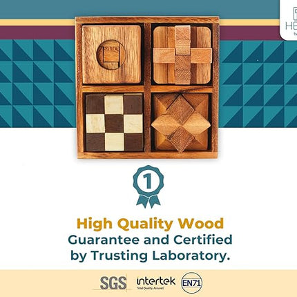BSIRI Wooden Puzzle Box Set (4 Games) - Challenging Brain Teasers 3D Puzzles for Adults, Interlocking Games for IQ Test. Ideal for Rustic Patio Decor, Unique Gift for Christmas and Birthdays