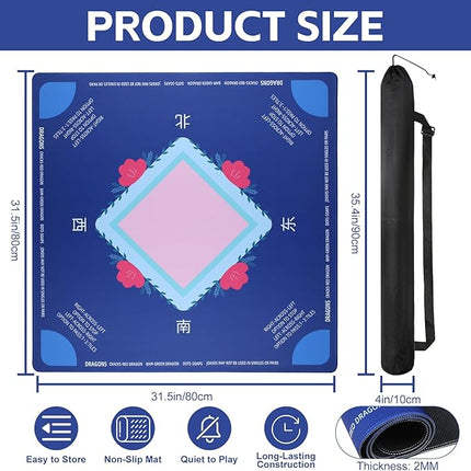 Mahjong Mat, No Creases Mahjong Mat for Table, 31.5x31.5 Inch Anti Slip Noise Reduction Mah jongg Mat, Mahjong Gifts with Carrying Bag, Mahjong Table Mat for Dominoes, Poker, Card, Board Games (Blue)