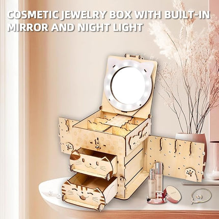 3D Wooden Puzzle Cat Treasure Box, Wood Creative Assembly Model Building Kits to Build for Adults and Teens, DIY Cat Jewelry Box with Mirror Hobbies Projects Gift for Women