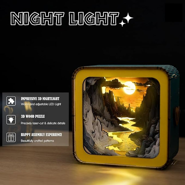 3D Puzzle Nightlight-DIY LED Light 3D Cave Wooden Puzzle-Art Lamp and Craft Kits for Kids and Adults-Birthday Gifts Toys-Home Desk Decor Family Game