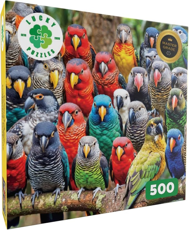 Lucky Puzzles 'Feathered Friends Fiesta' | 500 Piece Jigsaw Puzzle for Adults | Unique Bird Artwork | Best Challenging Puzzles for Cognitive Workout | 18 x 24 Inches | Fun Puzzle for Families
