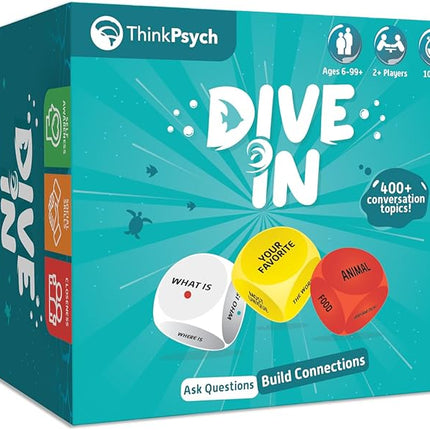 ThinkPsych Dive in - SEL Conversation Dice Game with 400+ Topics | Therapy Games for Kids & Teens | Social Emotional Learning for Home & School | Play Therapy & Counseling Toys | Ages 6-99