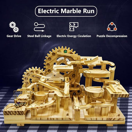 Wooden Marble Run Building Set, Electric Motorized, 75 Blocks, 15 Marbles, 3D Brain Teaser Construction Kit.for Adults and Adolescent to Build (SN-115)