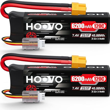 HOOVO 2S Lipo Battery, 7.4V 6200mAh 120C RC Battery Pack,Softcase with XT60 Plug for RC Car Truck Buggy Crawler Airplane Boat RC Vehicle,2Packs