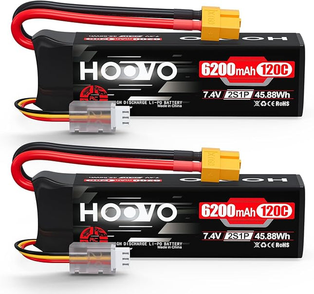HOOVO 2S Lipo Battery, 7.4V 6200mAh 120C RC Battery Pack,Softcase with XT60 Plug for RC Car Truck Buggy Crawler Airplane Boat RC Vehicle,2Packs