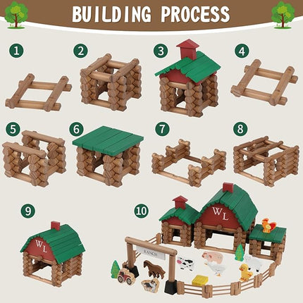 Wondertoys 164 Pcs Wooden Log Set Ranch Real Wood Logs Classic Building Log Ages 3+ Best Retro Farm Building Gift Set Creative Construction Engineering Educational Gifts