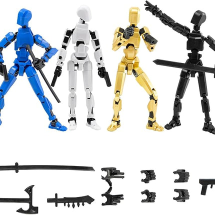 4Pack Assembled Titan T-13 Action Figures Set - Lucky Dummy Nova 13 Action Figure Robot Anime Stick Figures Fidget Toys for Boys Multi Movable Joints Gifts Toys for Kids (Golden+White+Blue+Black)