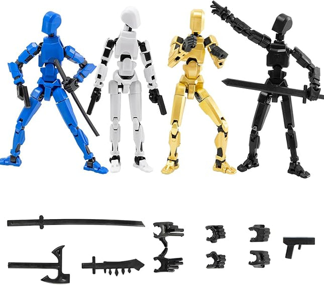 4Pack Assembled Titan T-13 Action Figures Set - Lucky Dummy Nova 13 Action Figure Robot Anime Stick Figures Fidget Toys for Boys Multi Movable Joints Gifts Toys for Kids (Golden+White+Blue+Black)