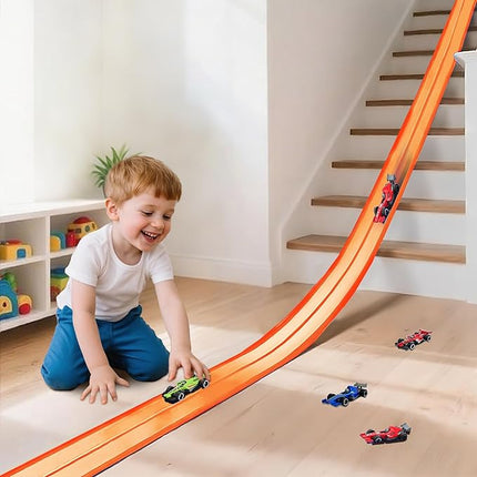 15 Ft Double Sided Flexible Race Track Set with 6 Toy Cars for Kids (Orange)