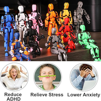 (Assembly Completed) T13 Action Figures Set Lucky Dummy Nova 13 Action Figure Robot Anime Stick Figures Fidget Toys for Boys Multi Movable Joints Gifts Toys for Kids (White+Black+Blue+Yellow)