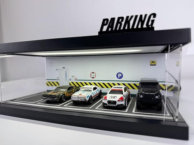 1/64 Model Car Display Case - Compatible with Hot Wheels Matchbox Mini GT Diecast Cars,Acrylic Box for Toy Cars Display Décor and Storage,Stackable Garage Diorama with LED Lights(1T-Green)