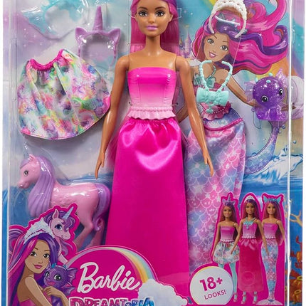 Barbie Dreamtopia Doll with Clothes & Accessories, Fairytale Dress-Up Set with Mermaid Tail, Baby Unicorn, Dragon Pet & More