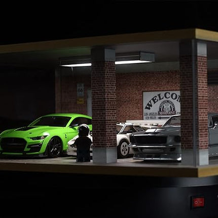 Lego Cars Speed Champions Display Case with Acrylic Cover and LED Lighting for 1/24 Scale Diecast Cars, 3 Parking Spaces (Route 66)