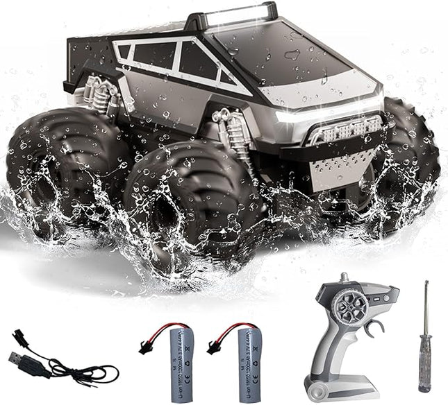 Remote Control Monster Truck Toy, Waterproof 1:16 4WD Amphibious Cyber RC Truck All Terrain Off-Road Car for 6+ Years Old Kids Boy (Black)