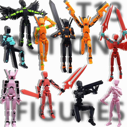 T13 Action Figures Set (Assembly Completed) Dummy 13 Titan 13 Robot Action Figure 3D Printed Robo Multi-Jointed Movable Action Figure Toy with Full Articulation (Black Blue Figure + Dog)