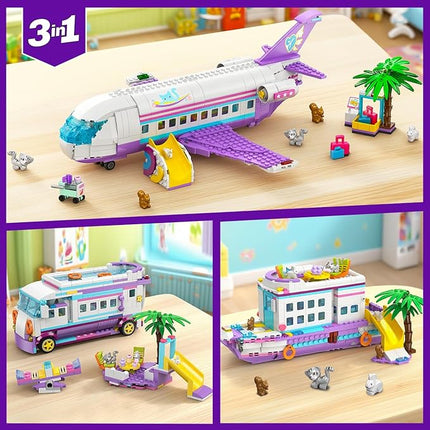 HOGOKIDS 3-in-1 Friends Airplane Building Toy Set - 808PCS Plane/Boat/Camper Van Building Toys with Cute 6 Mini Animals, Slide, Fun Accessories and Stickers, Birthday Gifts for Girls Boys Age 8-12+