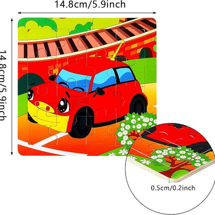 SANNIX 12 Pack Wooden Jigsaw Puzzles for Toddlers 3 4 5 Years Old, Party Favors Transportation Jigsaw for Kids, Educational Puzzles Travel Toy with 12 Organize Bags