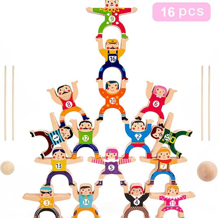 Wooden Stacking Toys,16Pcs Circus Hercules Acrobatic Troupe Interlock Toy,Balancing Building Blocks Game Toddler Puzzle Toys,for 3 4 5 6 Years Old Kids Adults