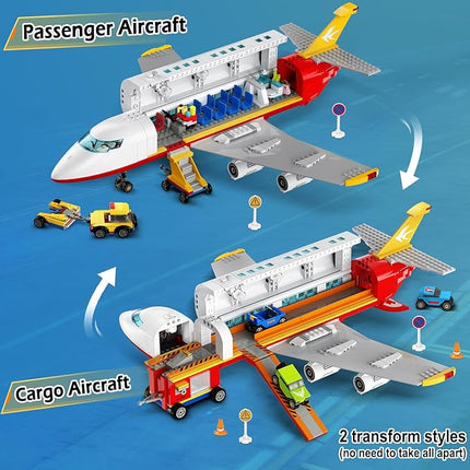 HOGOKIDS 2 Style City Airplane Building Set with LED Light - Large Plane Building Blocks Switch Passenger & Cargo Projectile Toy with 3 Cars, Planes Model Toys Gifts for Adults Boys Girls Age 6-12+
