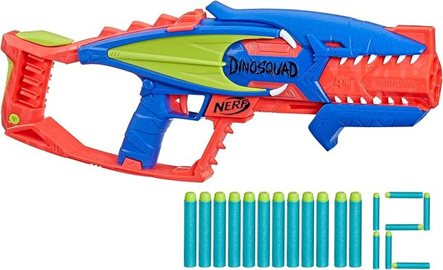 NERF DinoSquad Terrodak, 4 Blasting, Storage, 12 Elite Dart Foam Blasters, Dinosaur Toys for Kids Outdoor Games