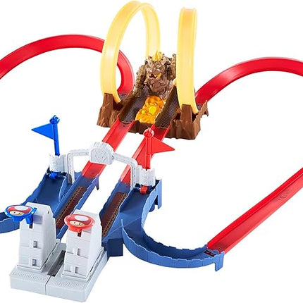 Hot Wheels Mario Kart Bowser’s Castle Chaos Modular Track with Side by Side Racing Lap Flags and Bowser Figure Connects to Other Sets Gift idea for Ages 3 Years and Older