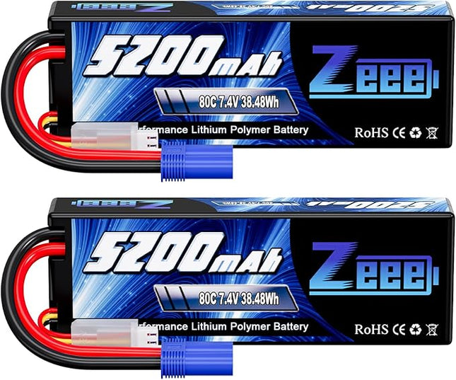 Zeee 2S Lipo Battery 7.4V 5200mAh 80C Hard Case Battery with EC5 Plug Compatible with 1/8 1/10 RC Vehicles Car Slash RC Buggy Truggy RC Airplane Drone(2 Pack)
