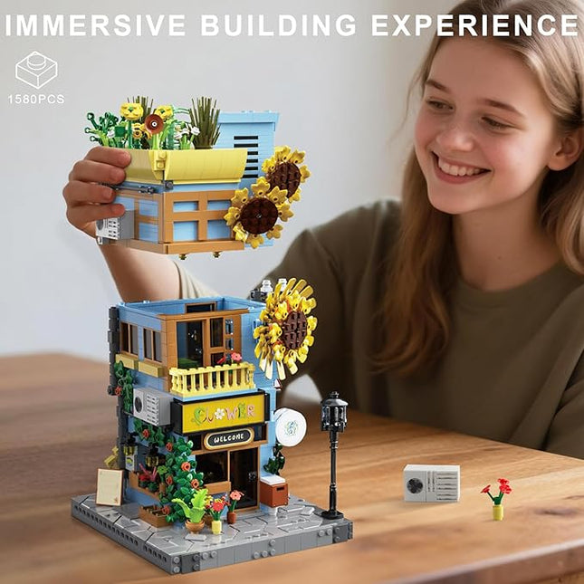 Flower House Building Set - Street View City Town Flower House Collection Kit - Home Decor Modular Building Block Kit for Adults and Teens (1580Pcs)