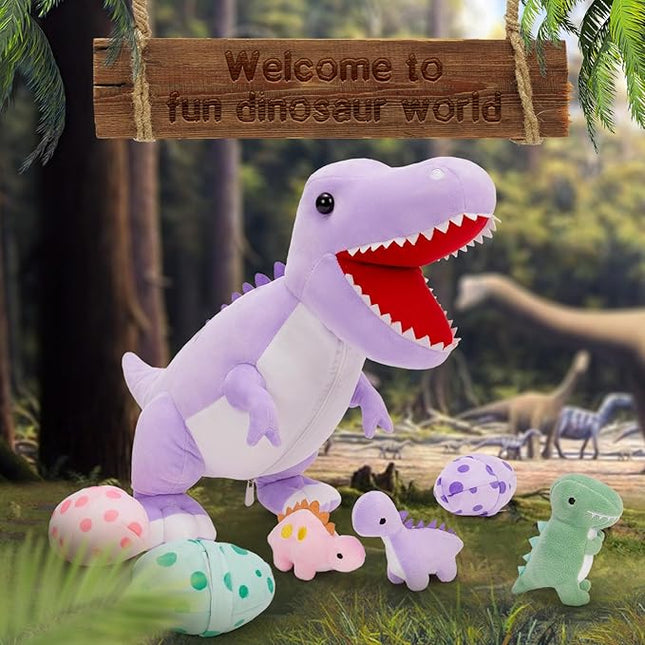 MorisMos Dinosaur Stuffed Animal with Babies,23.6'' Big Mommy Stuffed Dino T-rex with 3 Baby Dino Toys & Eggs Plush Inside Belly,Boy Girl Dinosaur Toys for Kids Birthday Gift,Purpel T-rex Party Decor
