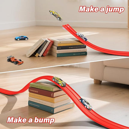 KETIEE Flex Tracks 16Ft for Kids: Flexible Race Car Ramp Track with 4 Small Racecars and 8 Suction Cups Compatible with Hot Wheels and Diecast 1/64th Cars, Rolls Up Portable Racetrack for Ages 3 & Up