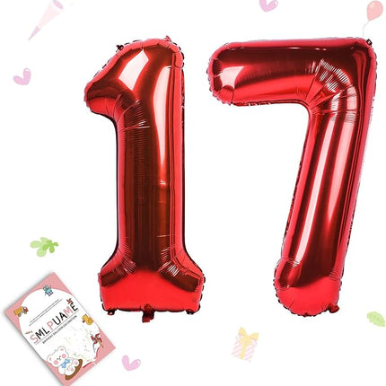 Smlpuame 40 inch Number Balloon 0-9 Red Large Number 17 Balloons,Digital Balloons for Birthday Party Celebration Decorations Supplies, Helium Foil Number Balloons for Wedding Anniversary