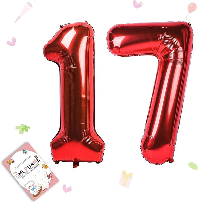 Smlpuame 40 inch Number Balloon 0-9 Red Large Number 17 Balloons,Digital Balloons for Birthday Party Celebration Decorations Supplies, Helium Foil Number Balloons for Wedding Anniversary