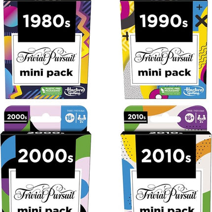 GAMES (EXCL. MONOPOLY) Trivial Pursuit Mini Packs Multipack, Fun Trivia Questions for Adults and Teens Ages 16+, Includes 4 Game Featuring 4 Decades