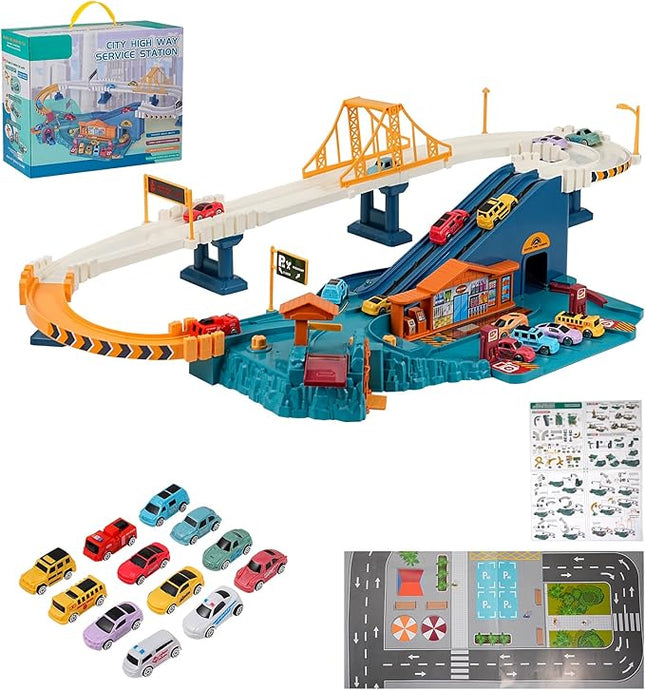 Toy Car Ramp Track, Climbing Hills Railcar Colorful Vehicles Construction Play Set with 12 Mini Racer Cars for Kids 3+(City)