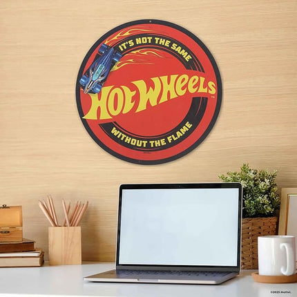 Mattel Hot Wheels Not the Same Without the Flame Metal Sign - Fun Hot Wheels Wall Decor for Kids' Bedroom or Man Cave