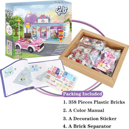 BRICK STORY Girls Friends Hair Salon Building Kit with 2 Mini People 5 Dolls Hair Pretend Play Set for Kids 358 Pieces with a Pink Convertible Car Gift Idea for Birthday for Girls Age 6-12 8-12