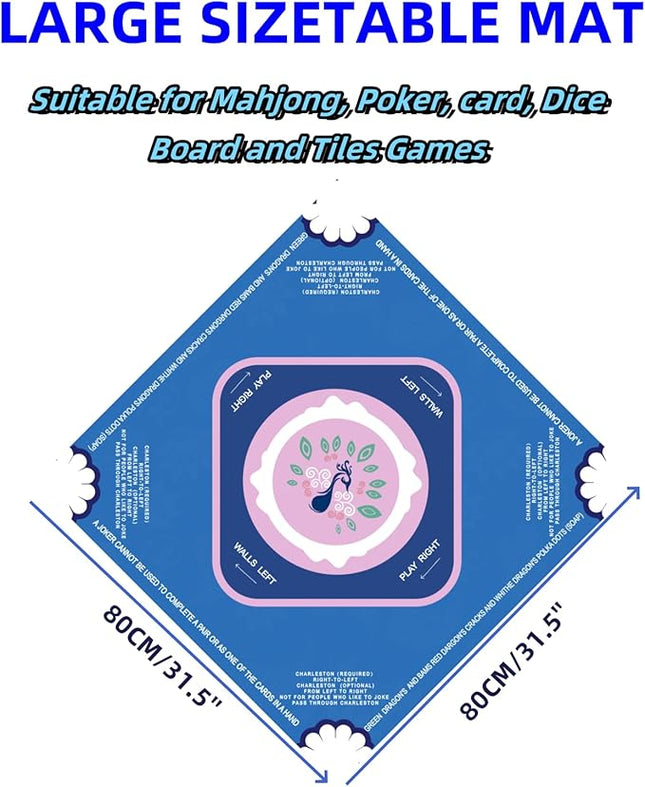 Mahjong Mat-Non-Slip Noise Reduction Gaming Mat,with Playing Instructions for Learnin,for Mahjong、Poker-Board Games、Card Games、Dominoes (31.5In*31.5In) (Blue)