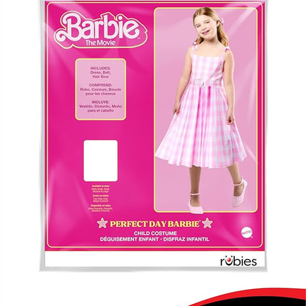 Rubies Barbie Perfect Day Cute Costume Dress in Pink from the Barbie Movie, with Belt and Hair Bow For Kids Girls