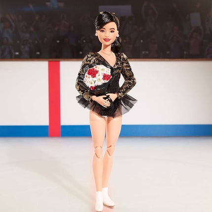 Barbie Inspiring Women Doll, Kristi Yamaguchi Collectible in 1992 Winter Olympics Costume, Sparkly Black and Gold Leotard and White Skates