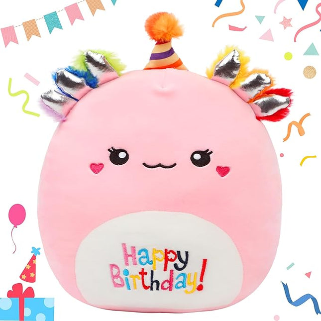 12” Birthday Axolotl Toy Soft Happy Birthday Plush Pillow Cute Axolotl Stuffed Animal Birthday Gifts for Kids, Pink
