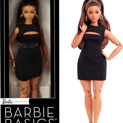 Barbie Basics Model 05 Collector Doll with Brunette Hair, Black Mini Dress & Heels, Universal-fit Fashions, Posable Curvy Body & Swappable Doll Head